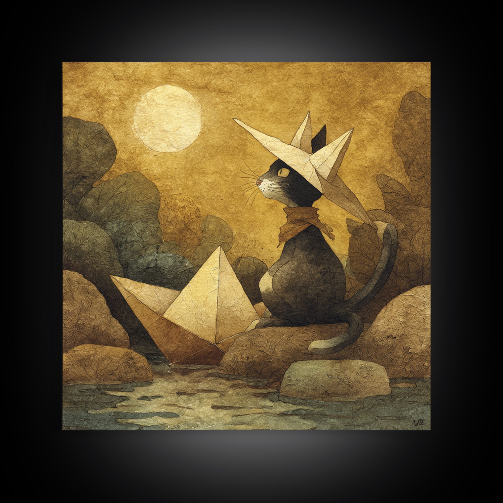 Cat Sailing a Paper Boat Canvas Print, Whimsical Art, Textured Painting, Living Room Decor, Fine Art, Wonder, Nursery Decor, WHI-1x1-98