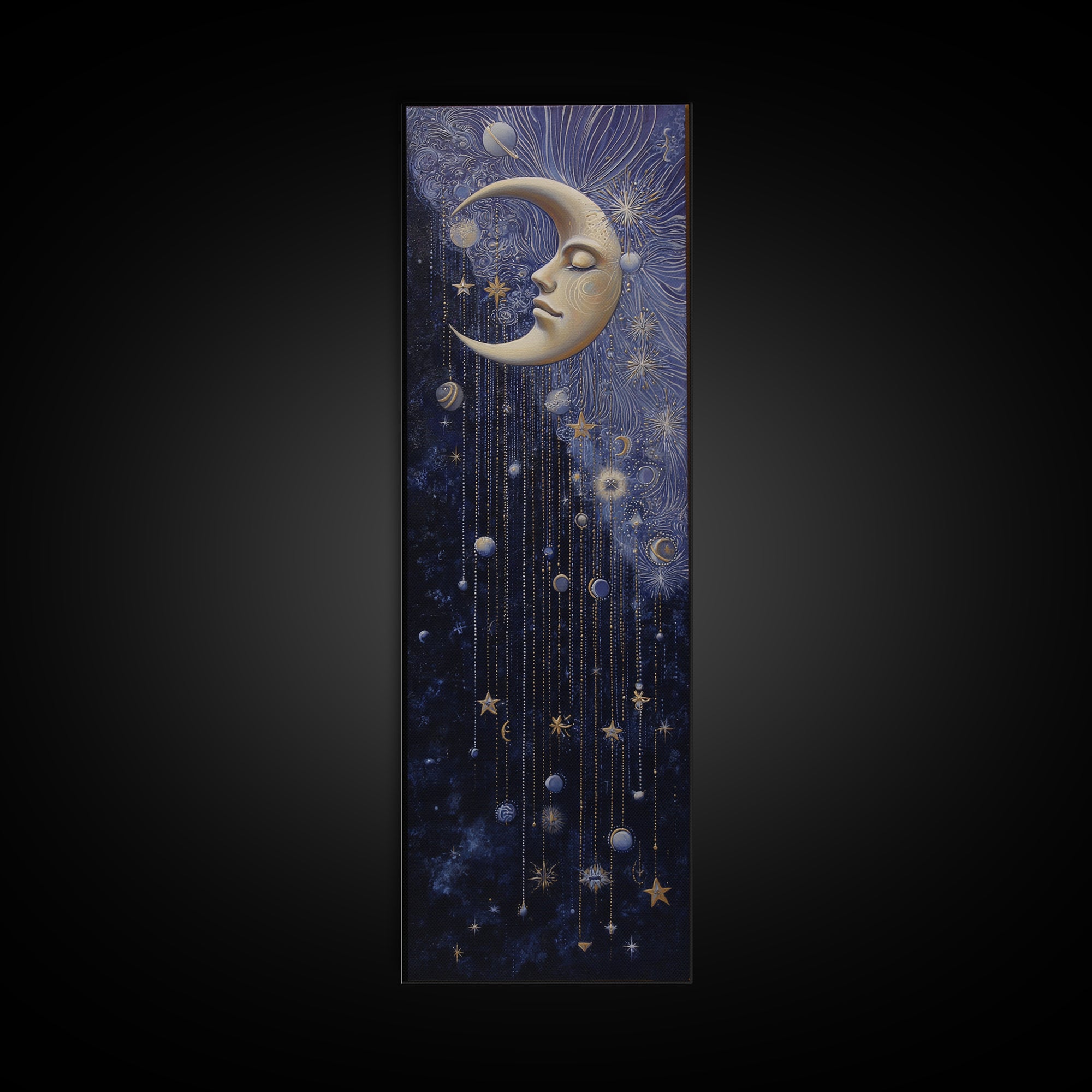 Moon with Sleeping Face and Dangling Stars Canvas Print, Whimsical Art, Nursery Art, Living Room Decor, Fine Art, Wonder, WHI-1x3-100