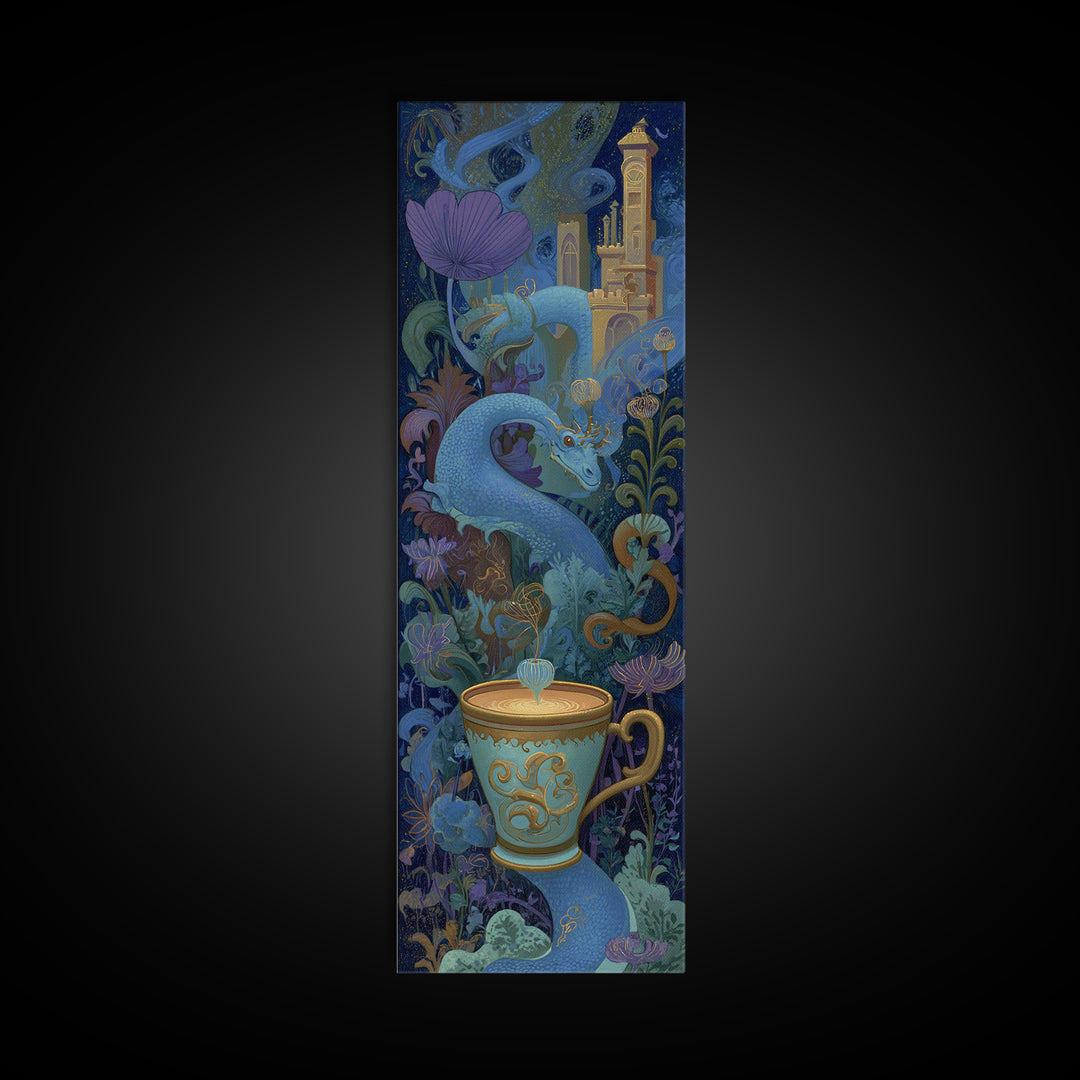 Dragon Curled Around a Teacup Canvas Print, Whimsical Art, Wall Art, Living Room Decor, Oil Painting, Wonder, Framed Wall Art, WHI-1x3-12