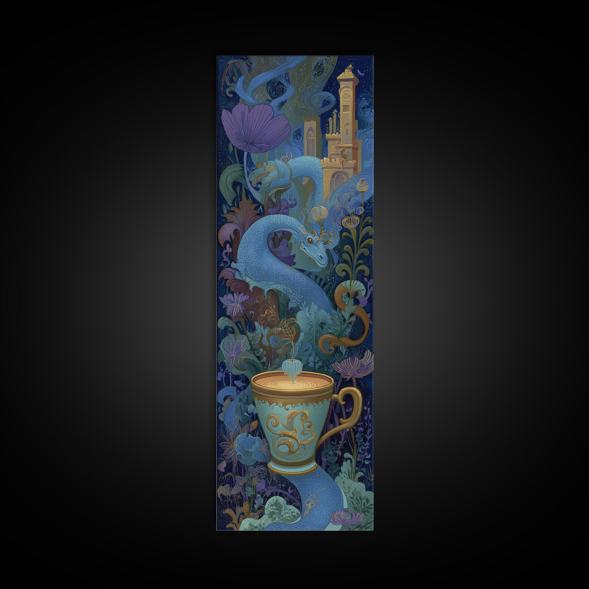 Dragon Curled Around a Teacup Canvas Print, Whimsical Art, Wall Art, Living Room Decor, Oil Painting, Wonder, Framed Wall Art, WHI-1x3-12