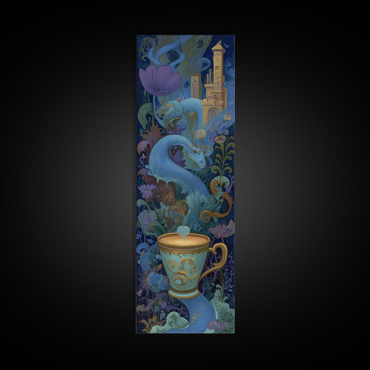 Dragon Curled Around a Teacup Canvas Print, Whimsical Art, Wall Art, Living Room Decor, Oil Painting, Wonder, Framed Wall Art, WHI-1x3-12