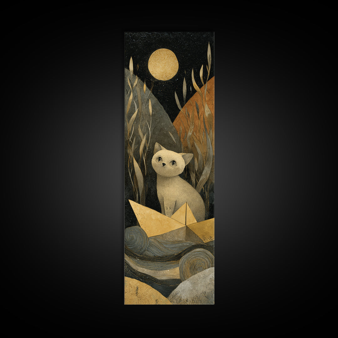 Cat Sailing a Paper Boat Canvas Print, Whimsical Art, Gallery Decor, Living Room Decor, Fine Art, Wonder, Wall Art, Home Decor, WHI-1x3-14