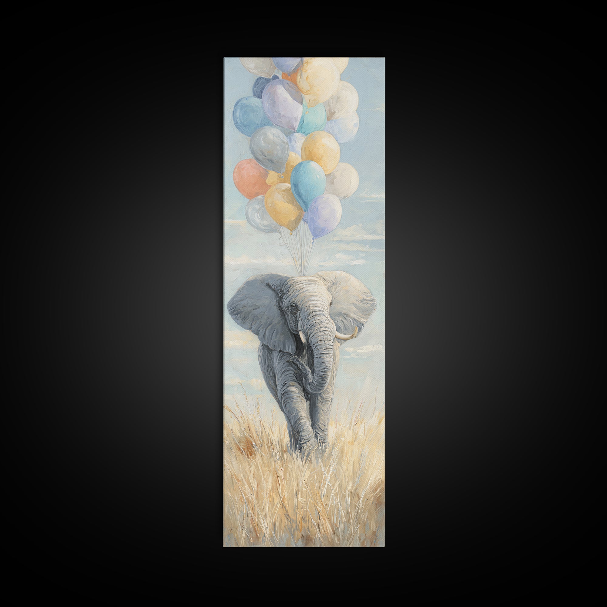 Elephant Holding Balloons Framed Canvas Print, Whimsical Art, Art Nouveau, Living Room Decor, Abstract Art, Wonder, WHI-1x3-15