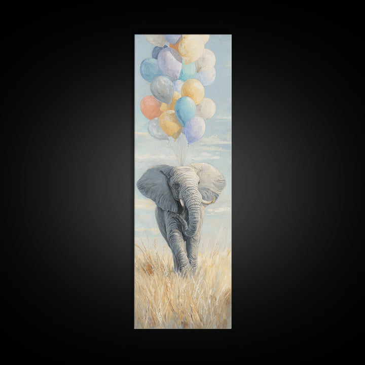 Elephant Holding Balloons Framed Canvas Print, Whimsical Art, Art Nouveau, Living Room Decor, Abstract Art, Wonder, WHI-1x3-15