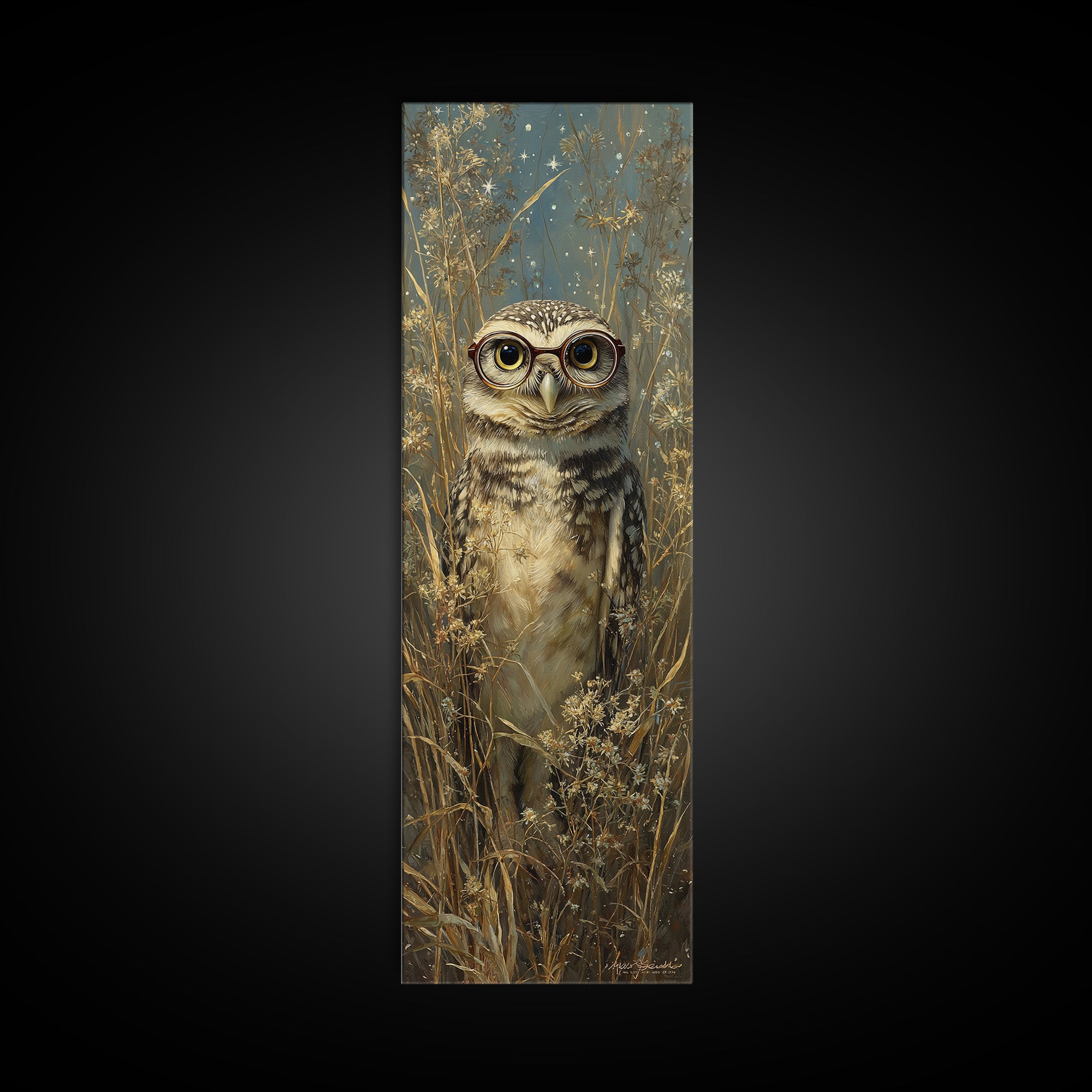 Owl Wearing Spectacles Among Stars Canvas Print, Whimsical Art, Neutral Decor, Living Room Decor, Fine Art, Wonder, Home Decor, WHI-1x3-18