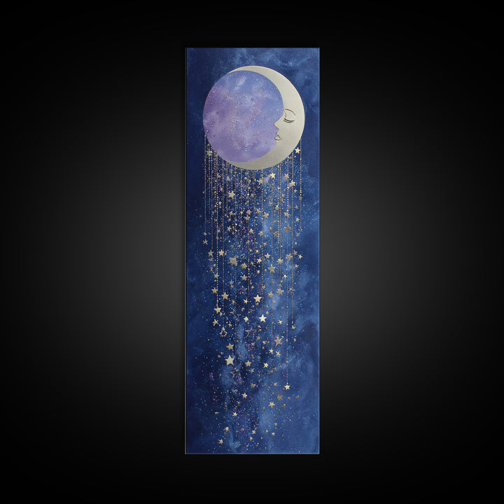Moon with Sleeping Face and Dangling Stars Canvas Print, Whimsical Art, Art Print, Living Room Decor, Fine Art, Wonder, WHI-1x3-28