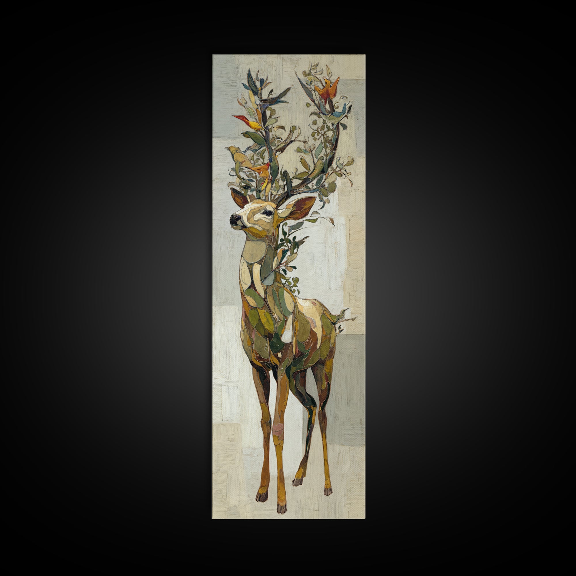 Deer with Antlers Full of Birds Framed Canvas Print, Whimsical Art, Printable Art, Living Room Decor, Watercolor Art, Wonder, WHI-1x3-31