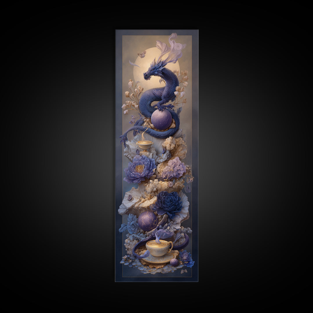 Dragon Curled Around a Teacup Framed Canvas Print, Whimsical Art, Pet Portrait, Living Room Decor, Wonder, Abstract Wall Art, WHI-1x3-36