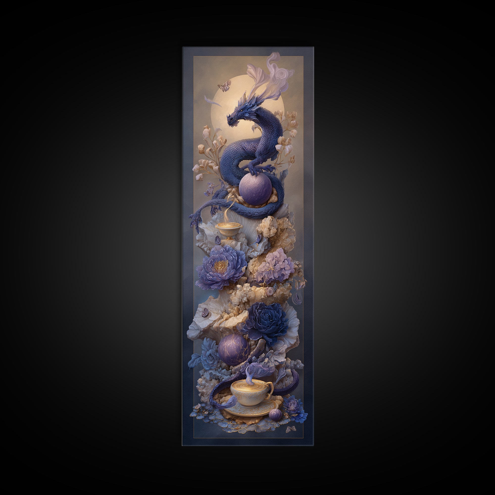 Dragon Curled Around a Teacup Framed Canvas Print, Whimsical Art, Pet Portrait, Living Room Decor, Wonder, Abstract Wall Art, WHI-1x3-36