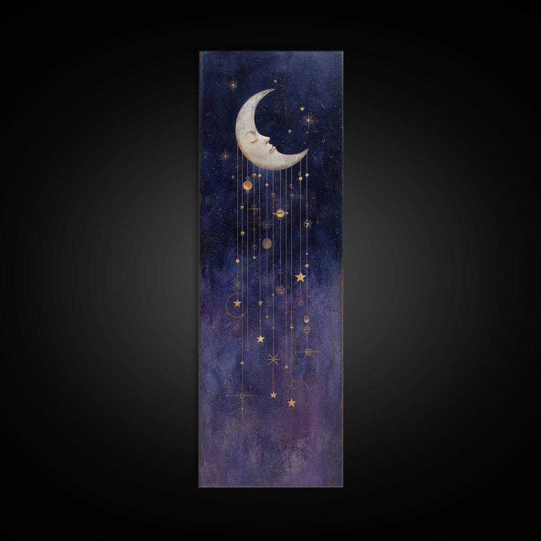 Moon with Sleeping Face and Dangling Stars Framed Canvas Print, Whimsical Art, Minimalist Decor, Living Room Decor, Wonder, WHI-1x3-4