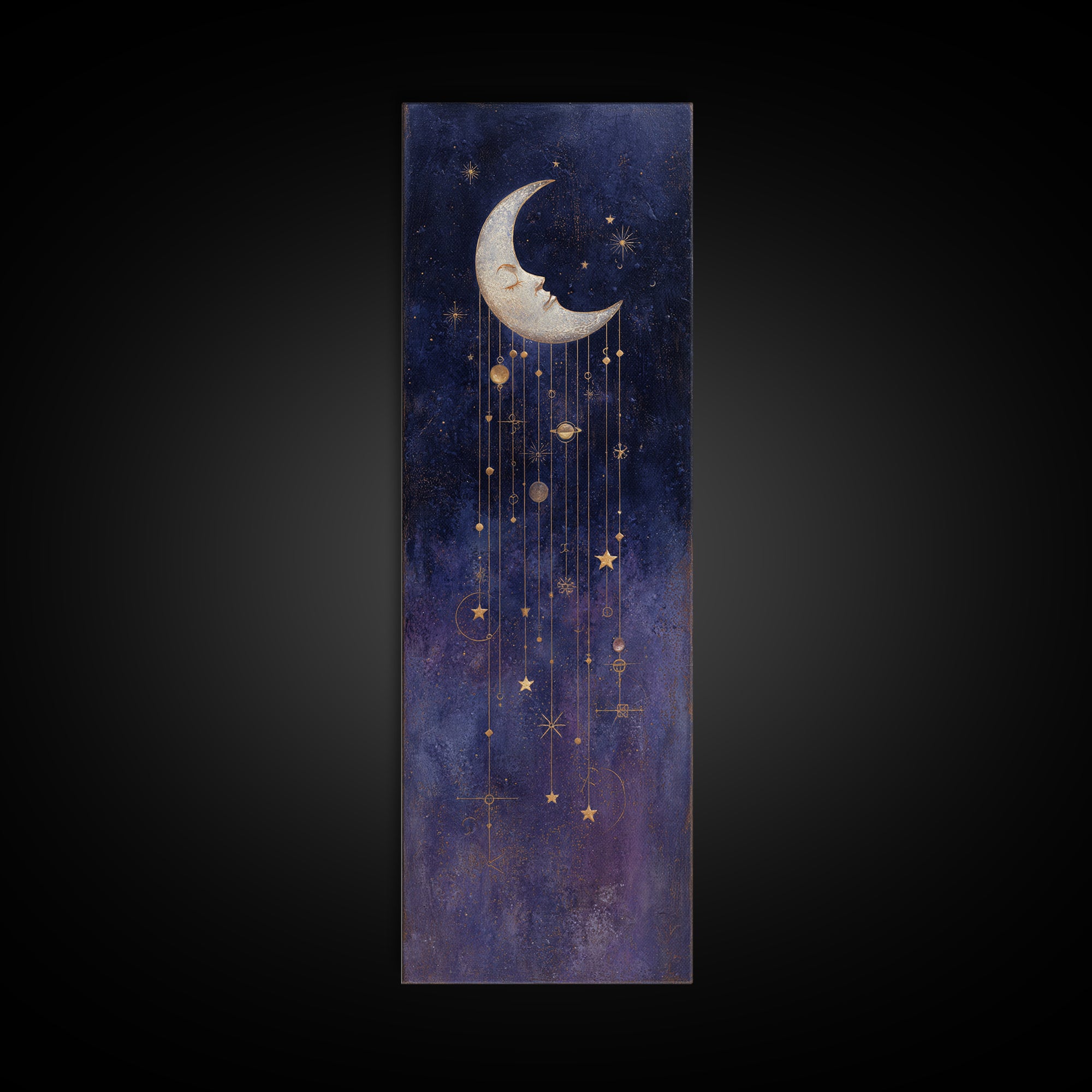 Moon with Sleeping Face and Dangling Stars Framed Canvas Print, Whimsical Art, Minimalist Decor, Living Room Decor, Wonder, WHI-1x3-4