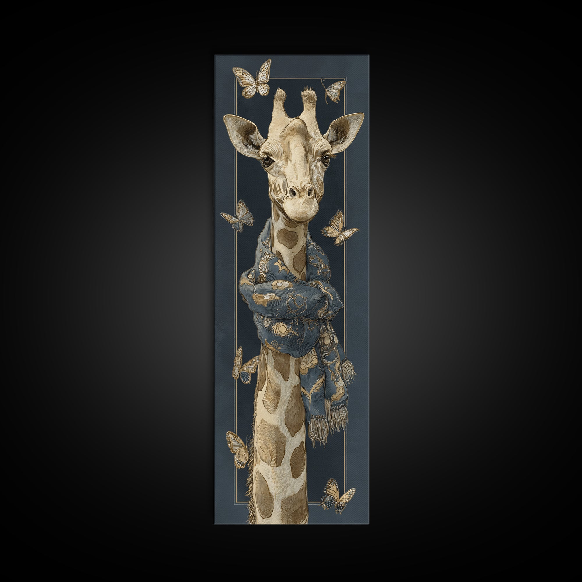 Giraffe with Scarf and Butterflies Framed Canvas Print, Whimsical Art, Modern Decor, Living Room Decor, Fine Art, Wonder, WHI-1x3-46