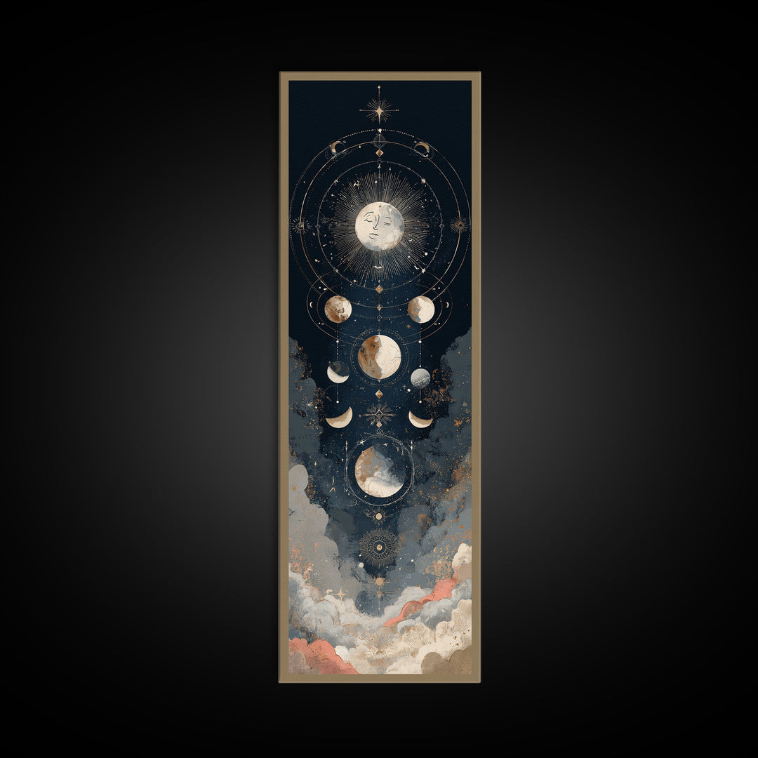 Moon with Sleeping Face and Dangling Stars Framed Canvas Print, Whimsical Art, Original Art, Living Room Decor, Oil Painting, WHI-1x3-52