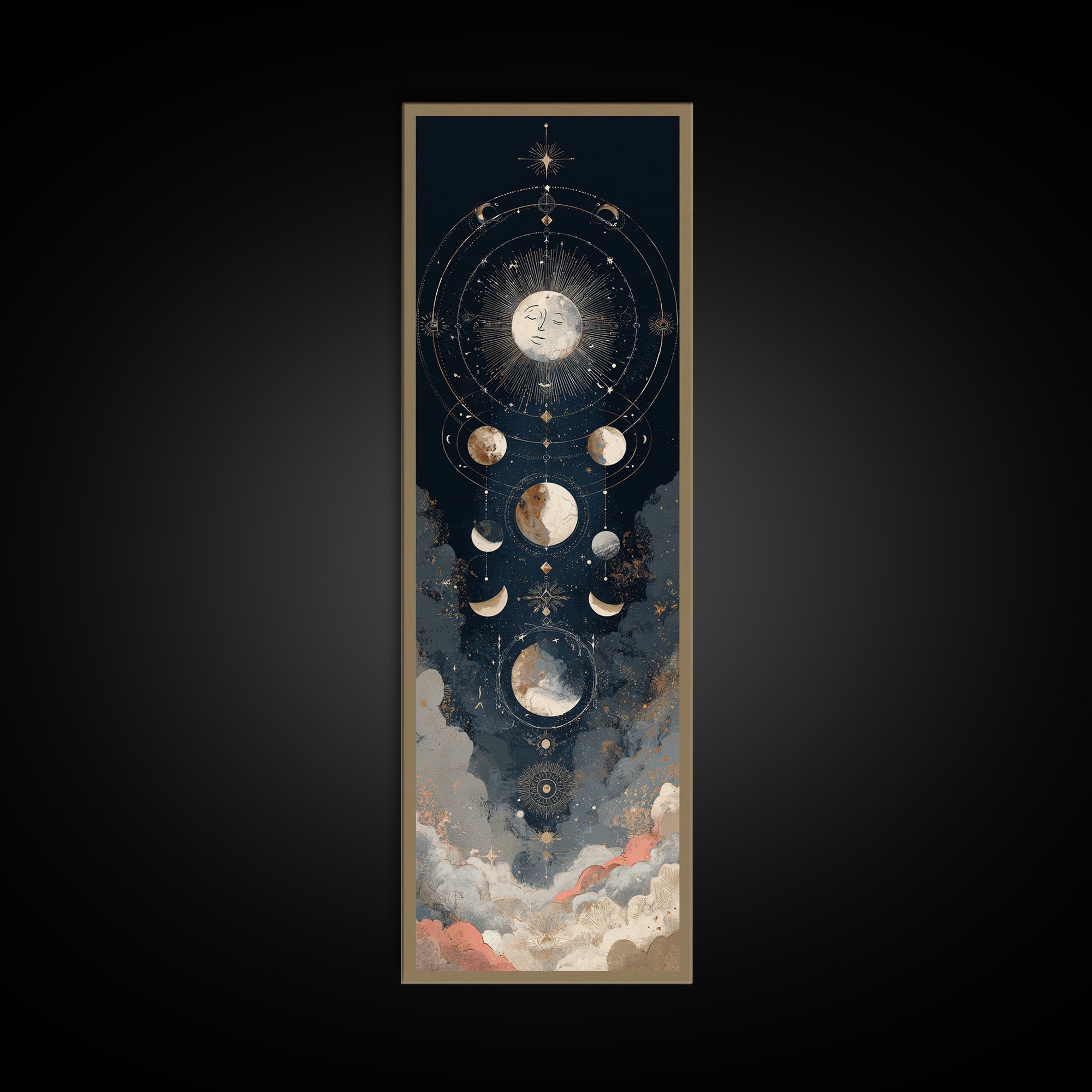 Moon with Sleeping Face and Dangling Stars Framed Canvas Print, Whimsical Art, Original Art, Living Room Decor, Oil Painting, WHI-1x3-52