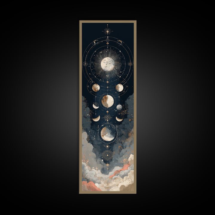 Moon with Sleeping Face and Dangling Stars Framed Canvas Print, Whimsical Art, Original Art, Living Room Decor, Oil Painting, WHI-1x3-52