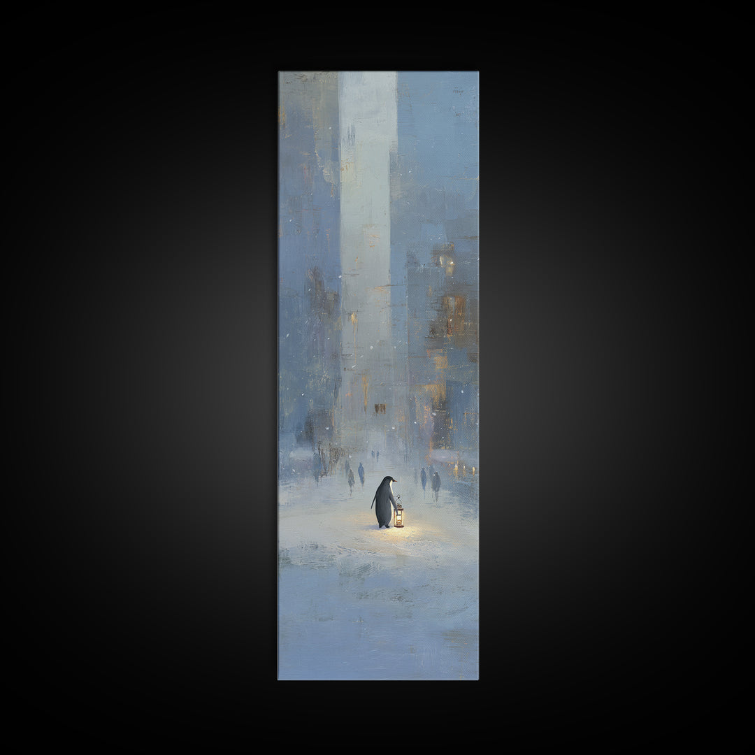 Penguin Holding a Lantern Framed Canvas Print, Whimsical Art, Textured Painting, Living Room Decor, Fine Art, Wonder, WHI-1x3-53