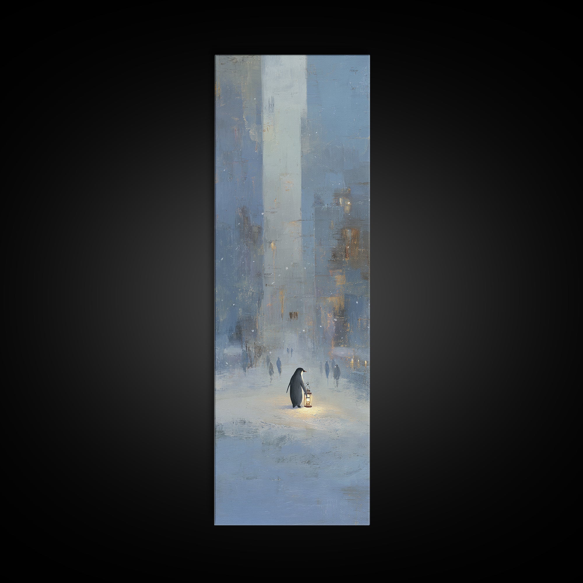 Penguin Holding a Lantern Framed Canvas Print, Whimsical Art, Textured Painting, Living Room Decor, Fine Art, Wonder, WHI-1x3-53