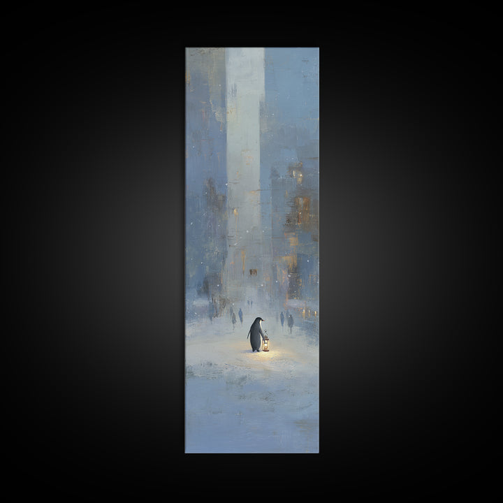 Penguin Holding a Lantern Framed Canvas Print, Whimsical Art, Textured Painting, Living Room Decor, Fine Art, Wonder, WHI-1x3-53