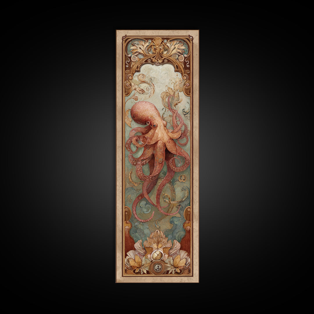 Octopus Conductor with Tiny Instruments Framed Canvas Print, Whimsical Art, Nursery Prints, Living Room Decor, Oil Painting, WHI-1x3-54