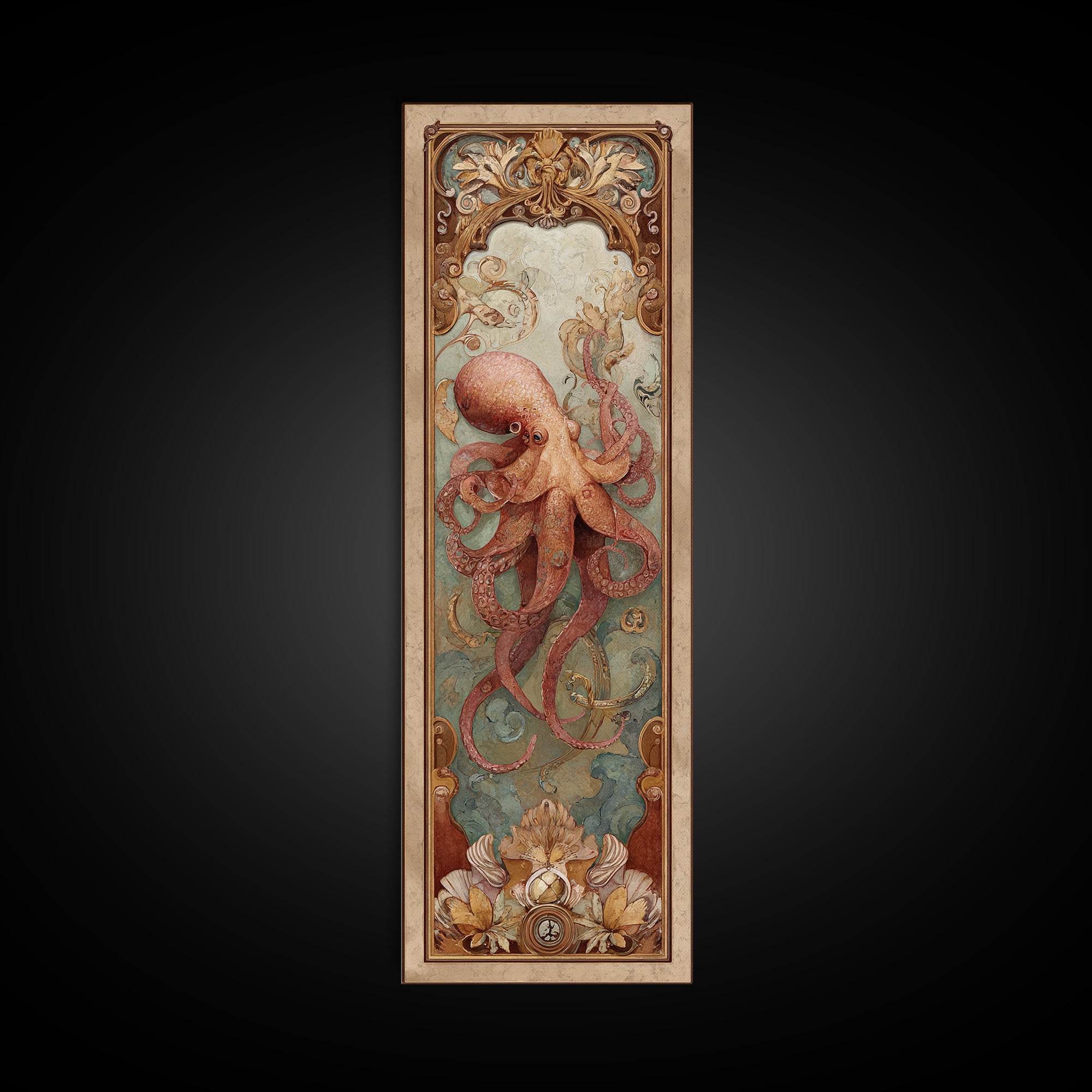 Octopus Conductor with Tiny Instruments Framed Canvas Print, Whimsical Art, Nursery Prints, Living Room Decor, Oil Painting, WHI-1x3-54
