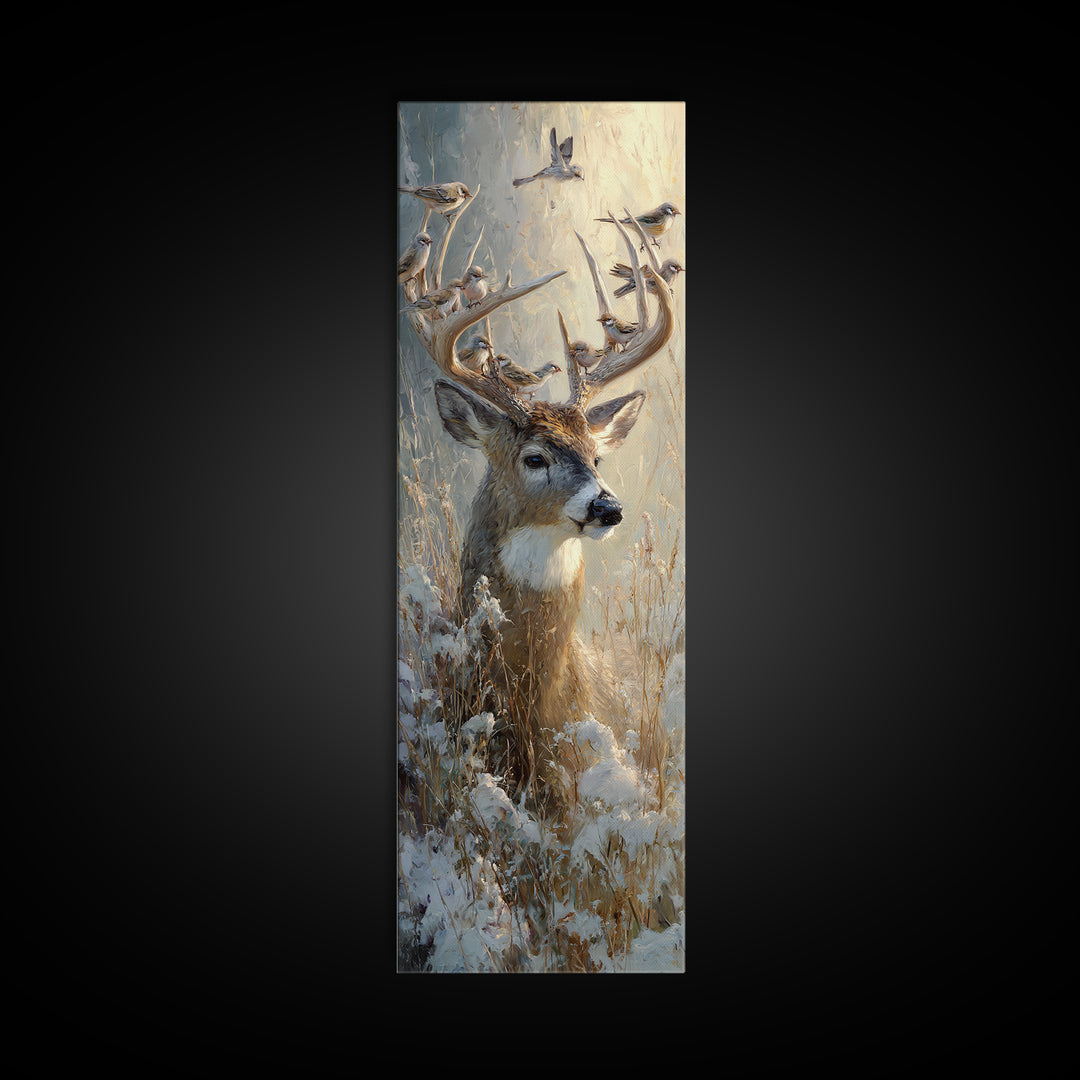 Deer with Antlers Full of Birds Canvas Print, Whimsical Art, Dopamine Decor, Living Room Decor, Oil Painting, Wonder, WHI-1x3-55