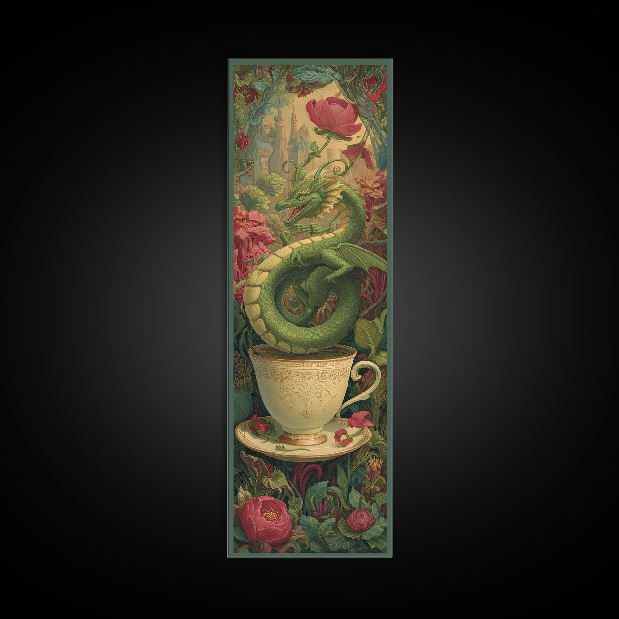 Dragon Curled Around a Teacup Canvas Print, Whimsical Art, Art Nouveau, Living Room Decor, Abstract Art, Wonder, WHI-1x3-60