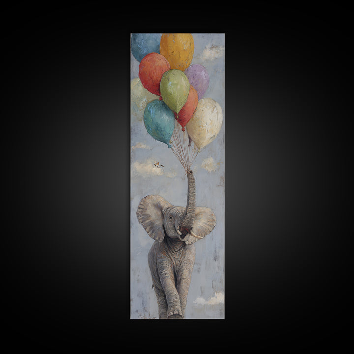 Elephant Holding Balloons Canvas Print, Whimsical Art, Nursery Prints, Living Room Decor, Oil Painting, Wonder, WHI-1x3-63
