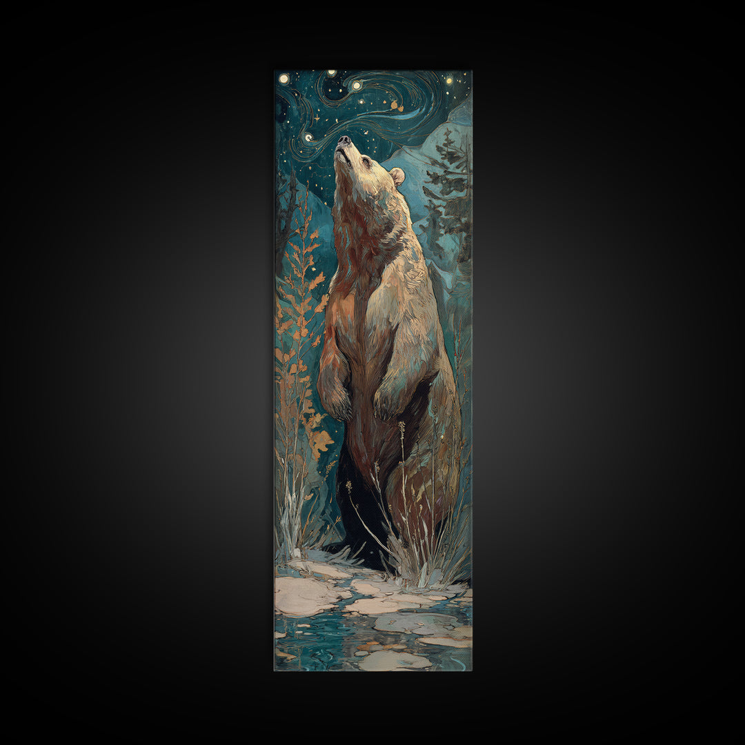 Bear Painting Stars Onto the Night Sky Framed Canvas Print, Whimsical Art, Wall Art, Living Room Decor, Oil Painting, Wonder, WHI-1x3-69
