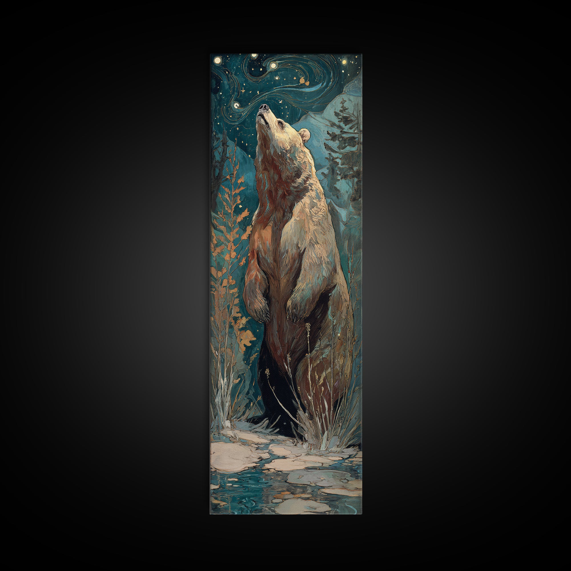 Bear Painting Stars Onto the Night Sky Framed Canvas Print, Whimsical Art, Wall Art, Living Room Decor, Oil Painting, Wonder, WHI-1x3-69