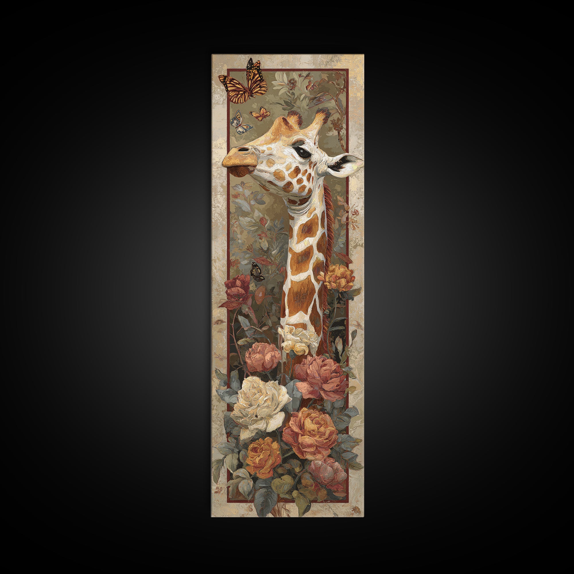 Giraffe with Scarf and Butterflies Framed Canvas Print, Whimsical Art, Modern Decor, Living Room Decor, Fine Art, Wonder, WHI-1x3-70
