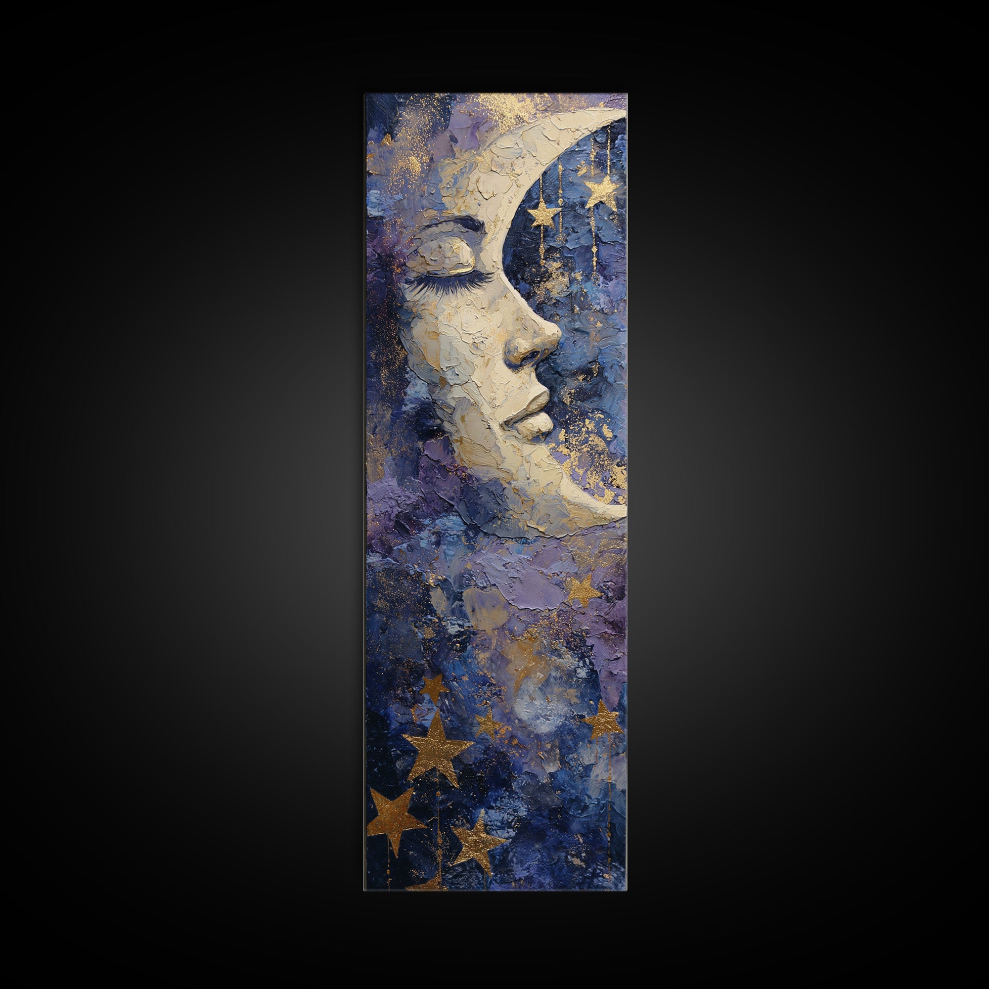Moon with Sleeping Face and Dangling Stars Framed Canvas Print, Whimsical Art, Dopamine Decor, Living Room Decor, Wonder, WHI-1x3-76