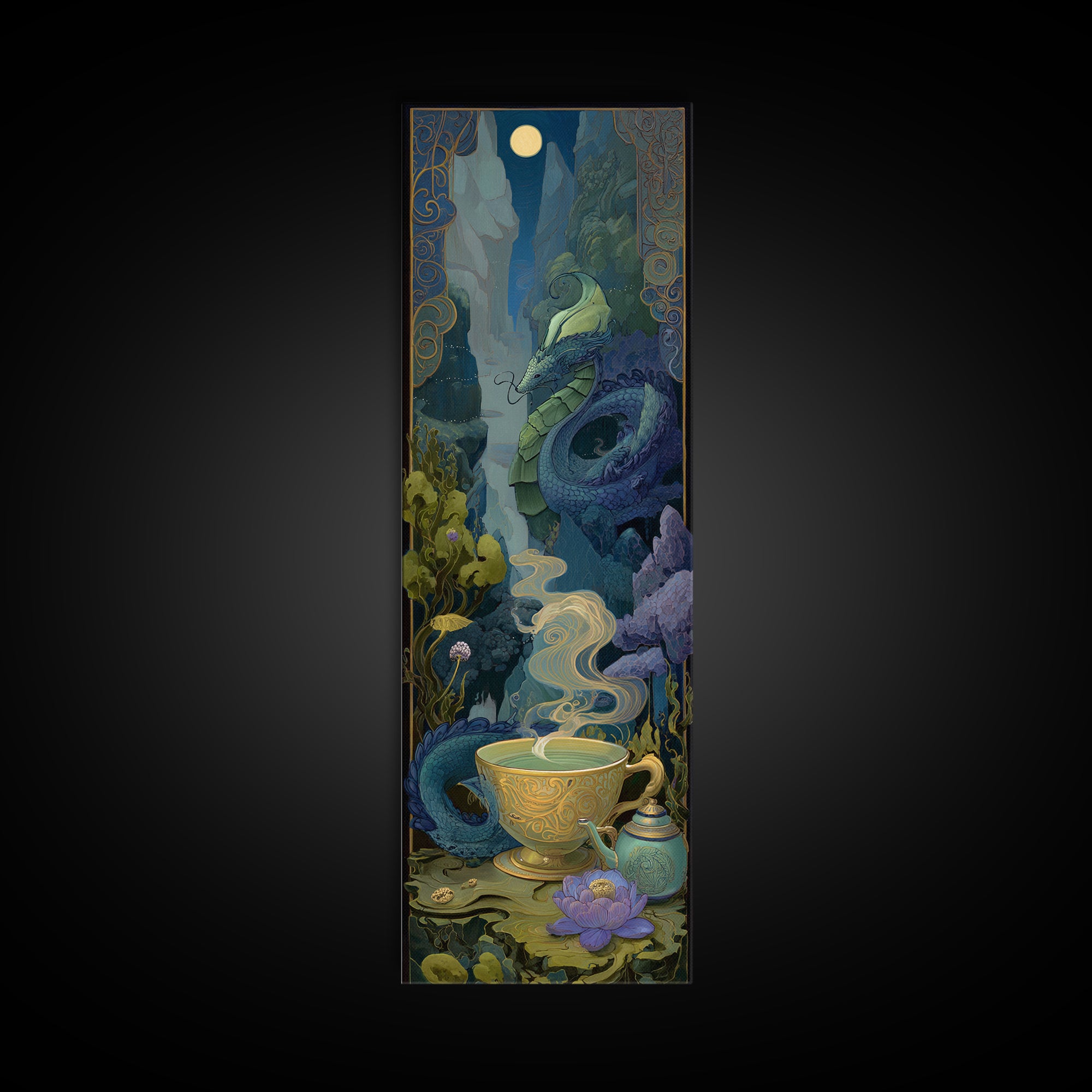 Dragon Curled Around a Teacup Framed Canvas Print, Whimsical Art, Nursery, Living Room Decor, Fine Art, Wonder, Watercolor Art, WHI-1x3-84