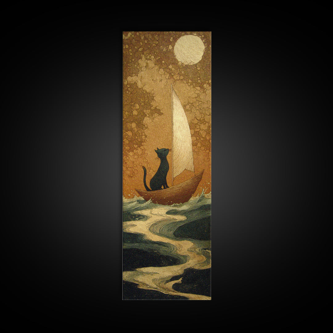 Cat Sailing a Paper Boat Canvas Print, Whimsical Art, Contemporary Art, Living Room Decor, Fine Art, Wonder, Art Nouveau, WHI-1x3-86
