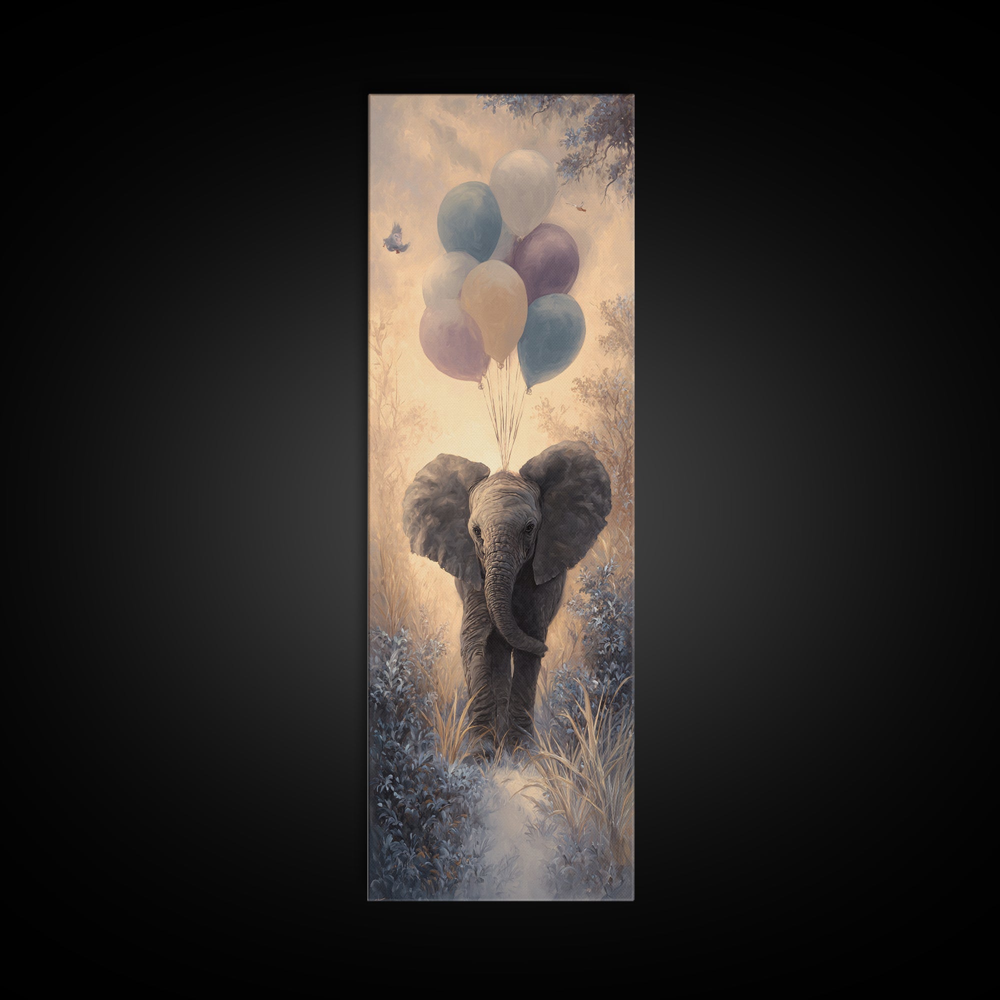 Elephant Holding Balloons Framed Canvas Print, Whimsical Art, Statement Artwork, Living Room Decor, Fine Art, Wonder, WHI-1x3-87