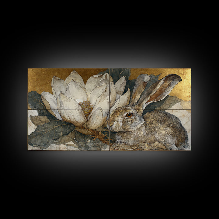 Rabbit Reading Beneath a Giant Flower Framed Canvas Print, Whimsical Art, Oil Painting, Living Room Decor, Wonder, WHI-2x1-1