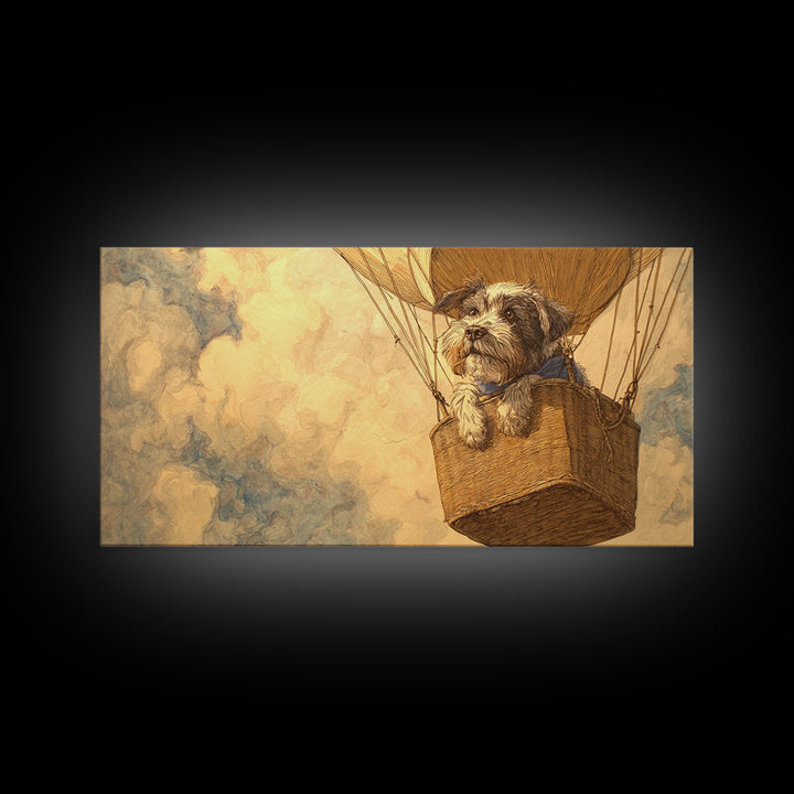 Dog in a Hot Air Balloon Framed Canvas Print, Whimsical Art, Contemporary Art, Living Room Decor, Fine Art, Wonder, Art Nouveau, WHI-2x1-10