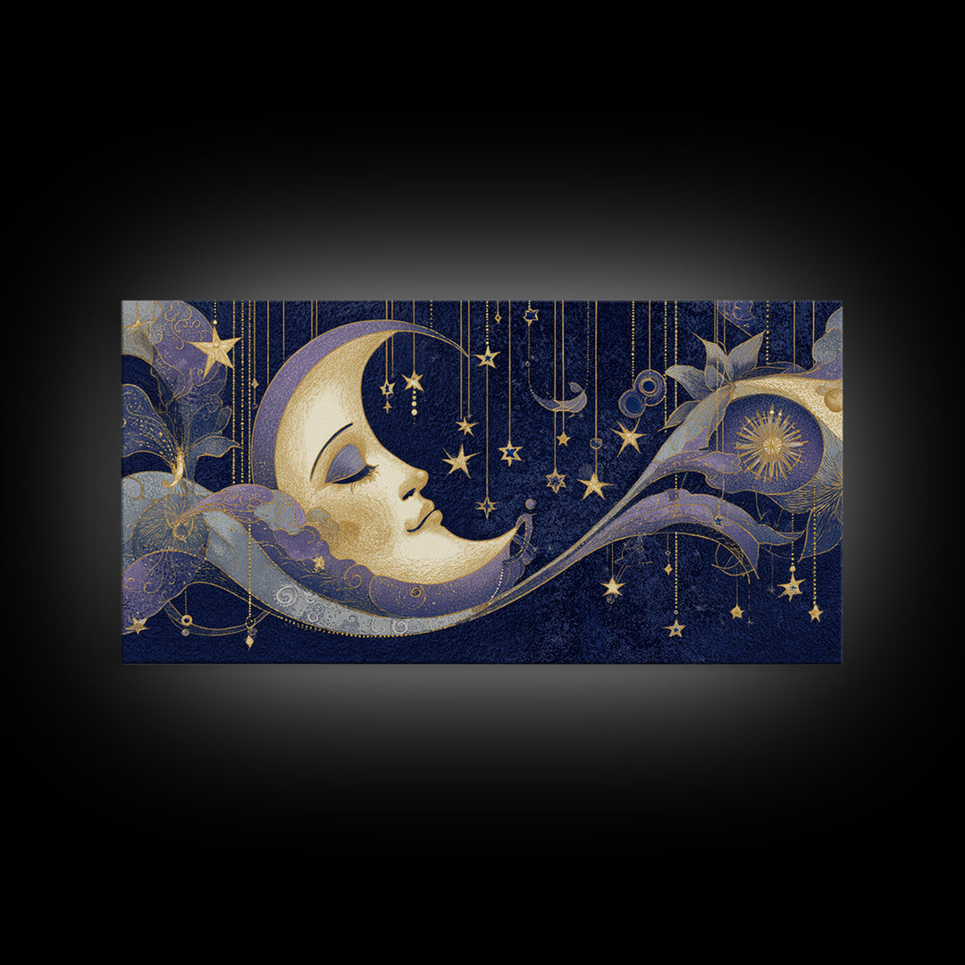 Moon with Sleeping Face and Dangling Stars Framed Canvas Print, Whimsical Art, Room Decor, Living Room Decor, Oil Painting, WHI-2x1-12