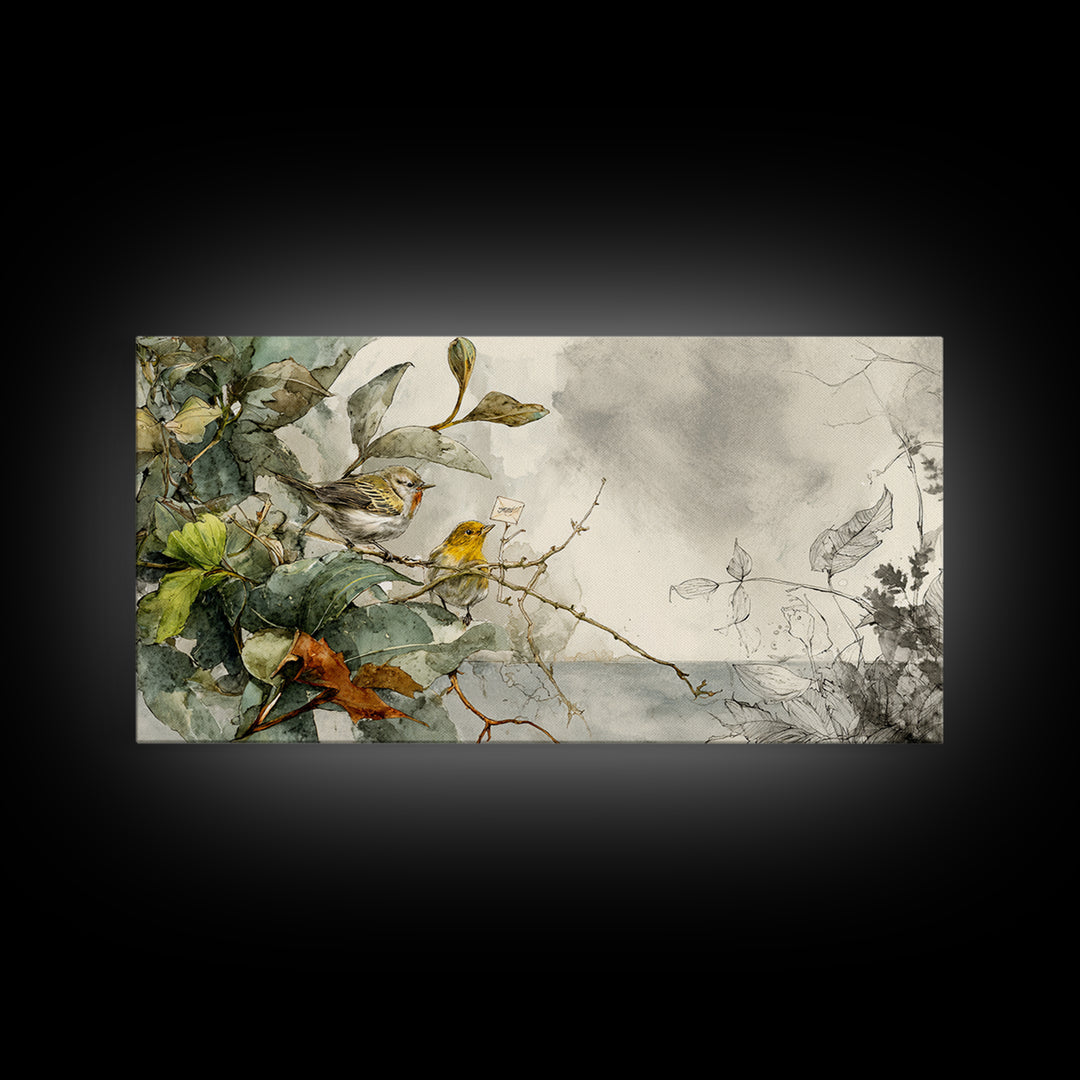 Bird Delivering a Tiny Love Letter Framed Canvas Print, Whimsical Art, Cat Art, Living Room Decor, Fine Art, Wonder, WHI-2x1-19