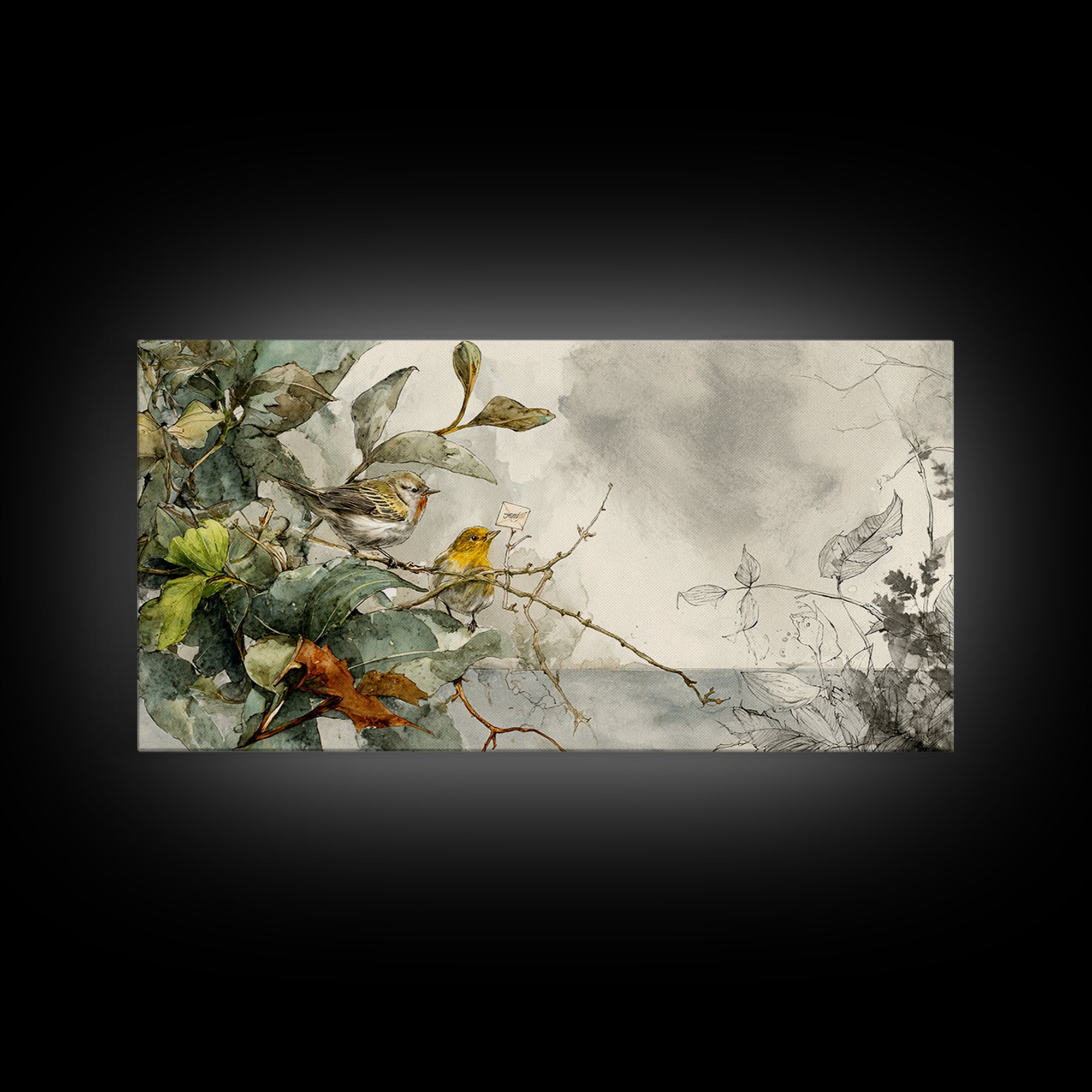 Bird Delivering a Tiny Love Letter Framed Canvas Print, Whimsical Art, Cat Art, Living Room Decor, Fine Art, Wonder, WHI-2x1-19