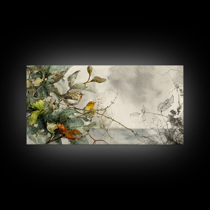 Bird Delivering a Tiny Love Letter Framed Canvas Print, Whimsical Art, Cat Art, Living Room Decor, Fine Art, Wonder, WHI-2x1-19