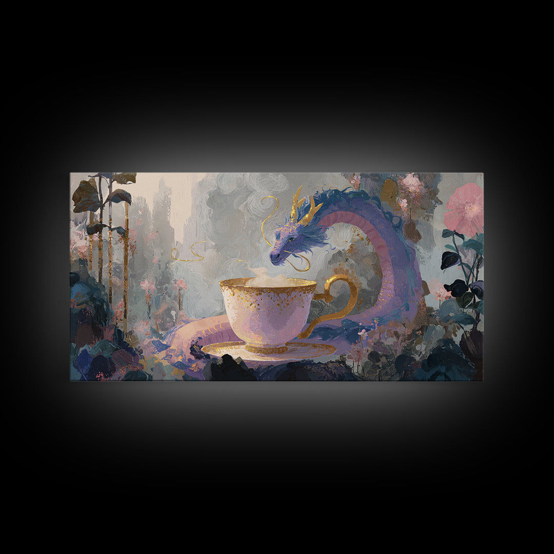 Dragon Curled Around a Teacup Framed Canvas Print, Whimsical Art, Statement Artwork, Living Room Decor, Fine Art, Wonder, WHI-2x1-20