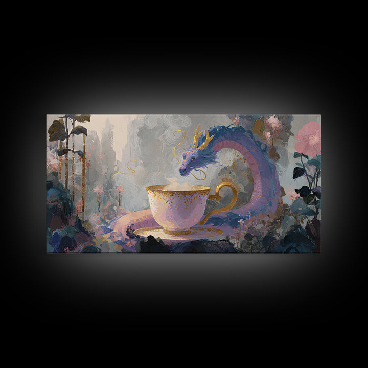 Dragon Curled Around a Teacup Framed Canvas Print, Whimsical Art, Statement Artwork, Living Room Decor, Fine Art, Wonder, WHI-2x1-20