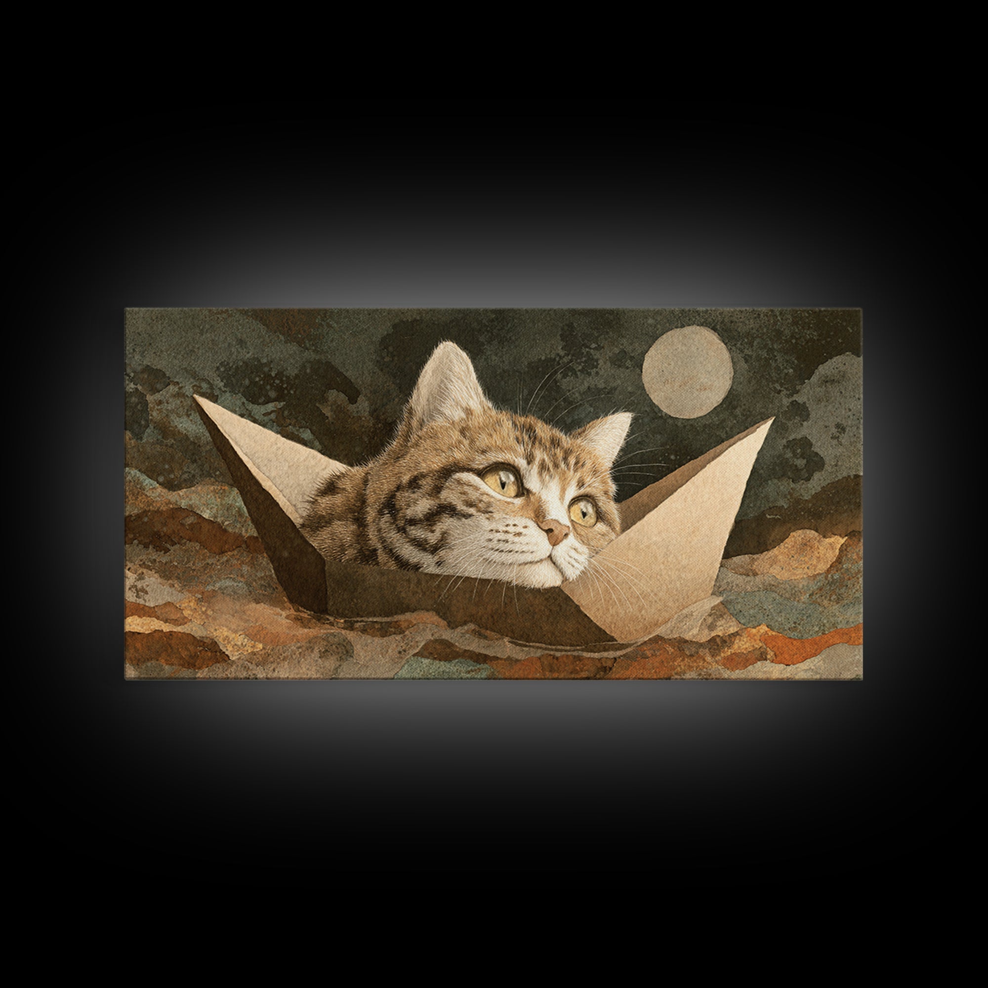 Cat Sailing a Paper Boat Canvas Print, Whimsical Art, Textured Painting, Living Room Decor, Fine Art, Wonder, Nursery Decor, WHI-2x1-22