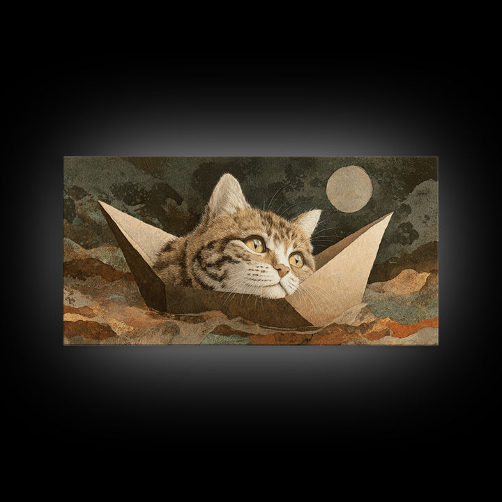 Cat Sailing a Paper Boat Canvas Print, Whimsical Art, Textured Painting, Living Room Decor, Fine Art, Wonder, Nursery Decor, WHI-2x1-22