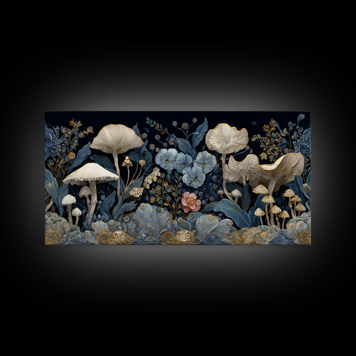 Teacup Garden with Tiny Mushrooms Framed Canvas Print, Whimsical Art, Minimalist Decor, Living Room Decor, Oil Painting, Wonder, WHI-2x1-24