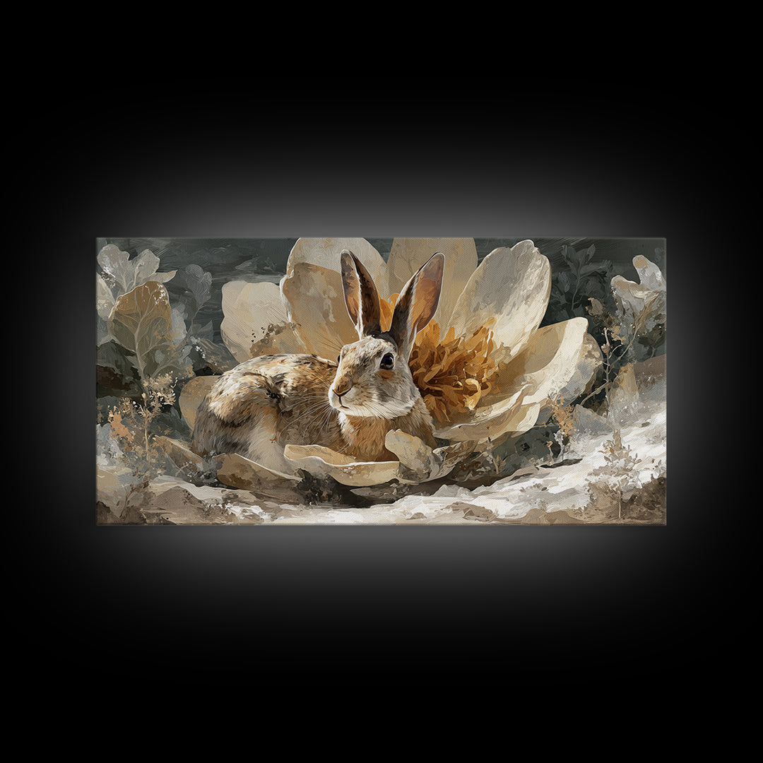 Rabbit Reading Beneath a Giant Flower Framed Canvas Print, Whimsical Art, Oil Painting, Living Room Decor, Wonder, WHI-2x1-25