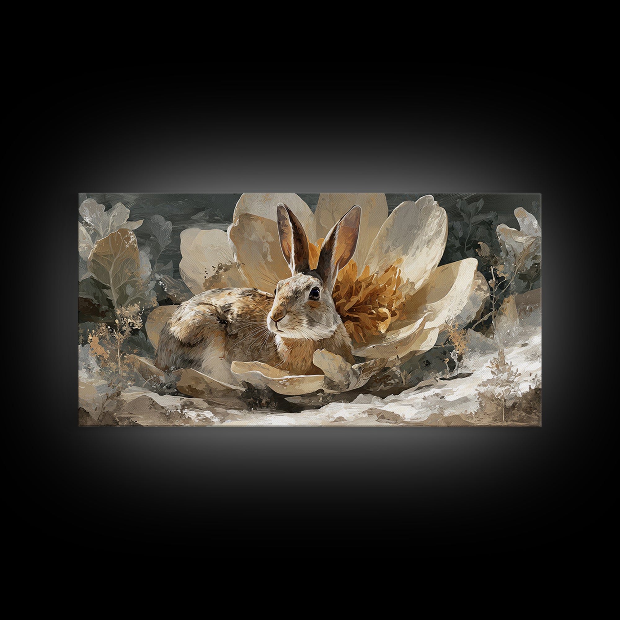 Rabbit Reading Beneath a Giant Flower Framed Canvas Print, Whimsical Art, Oil Painting, Living Room Decor, Wonder, WHI-2x1-25