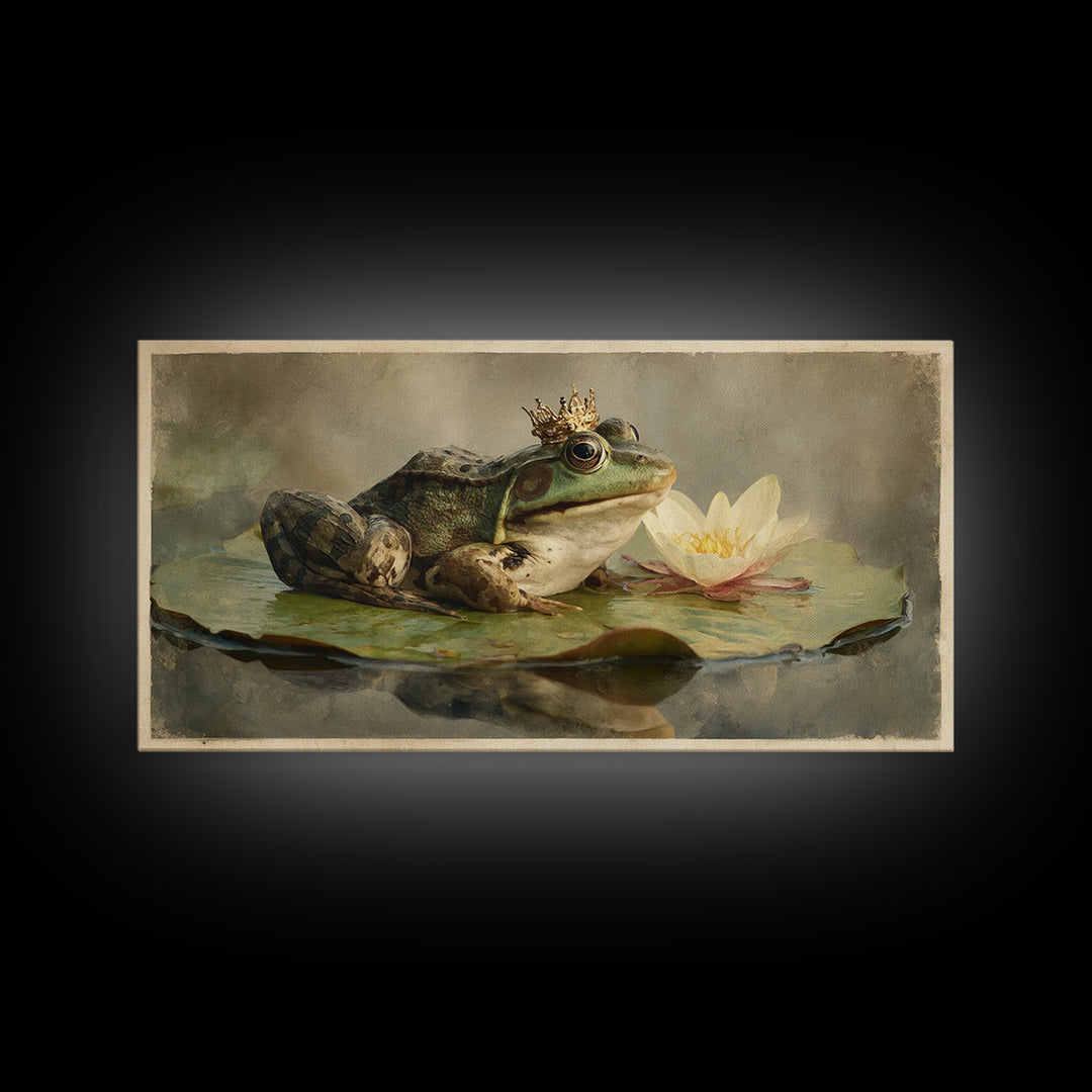 Frog Prince on a Lily Pad Framed Canvas Print, Whimsical Art, Contemporary Art, Living Room Decor, Wonder, Art Nouveau, WHI-2x1-28