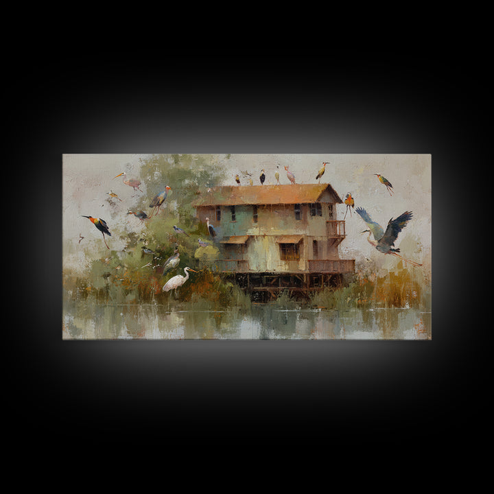 Floating House Carried by Colorful Birds Framed Canvas Print, Whimsical Art, Framed Wall Art, Living Room Decor, Wonder, WHI-2x1-3