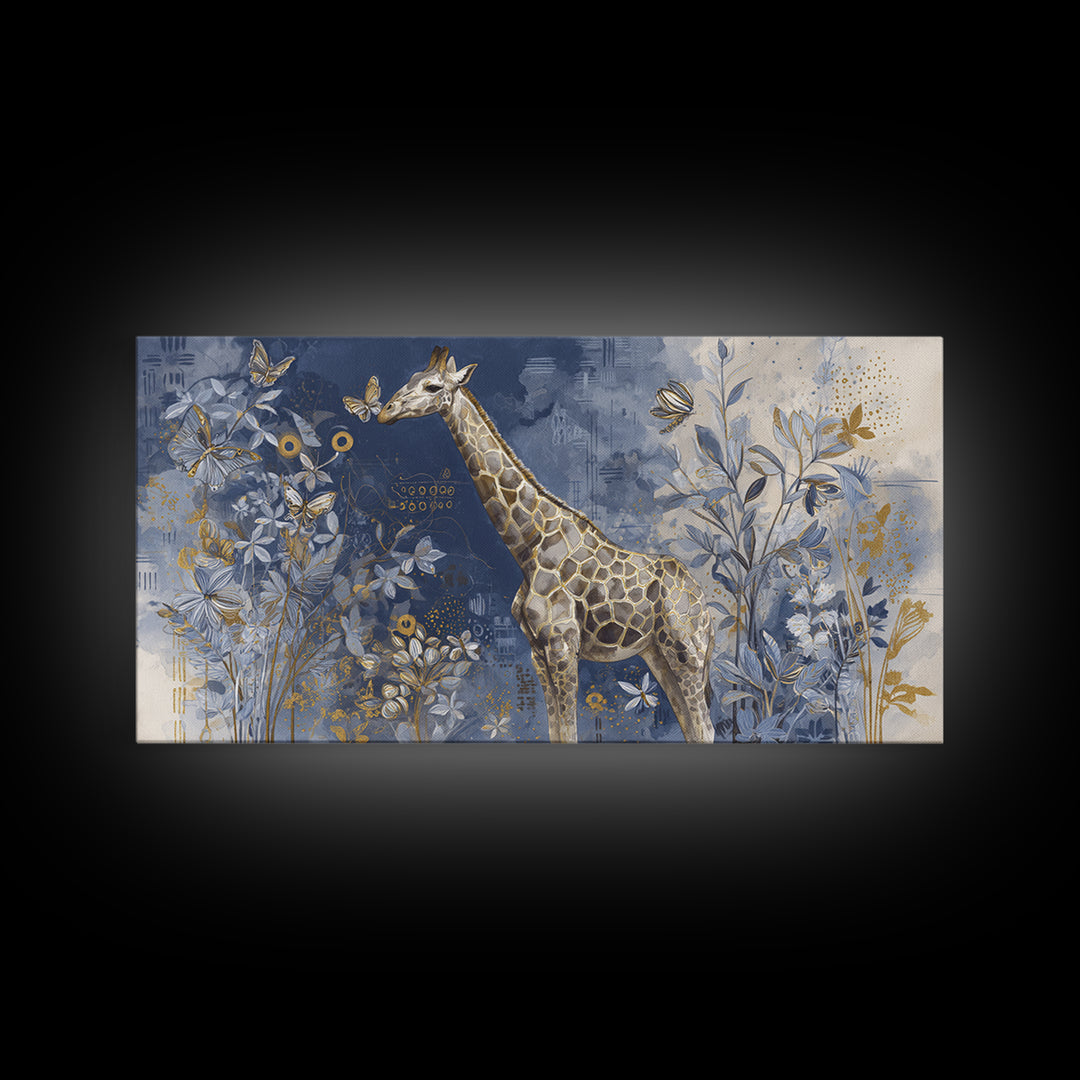 Giraffe with Scarf and Butterflies Framed Canvas Print, Whimsical Art, Minimalist Decor, Living Room Decor, Fine Art, Wonder, WHI-2x1-30